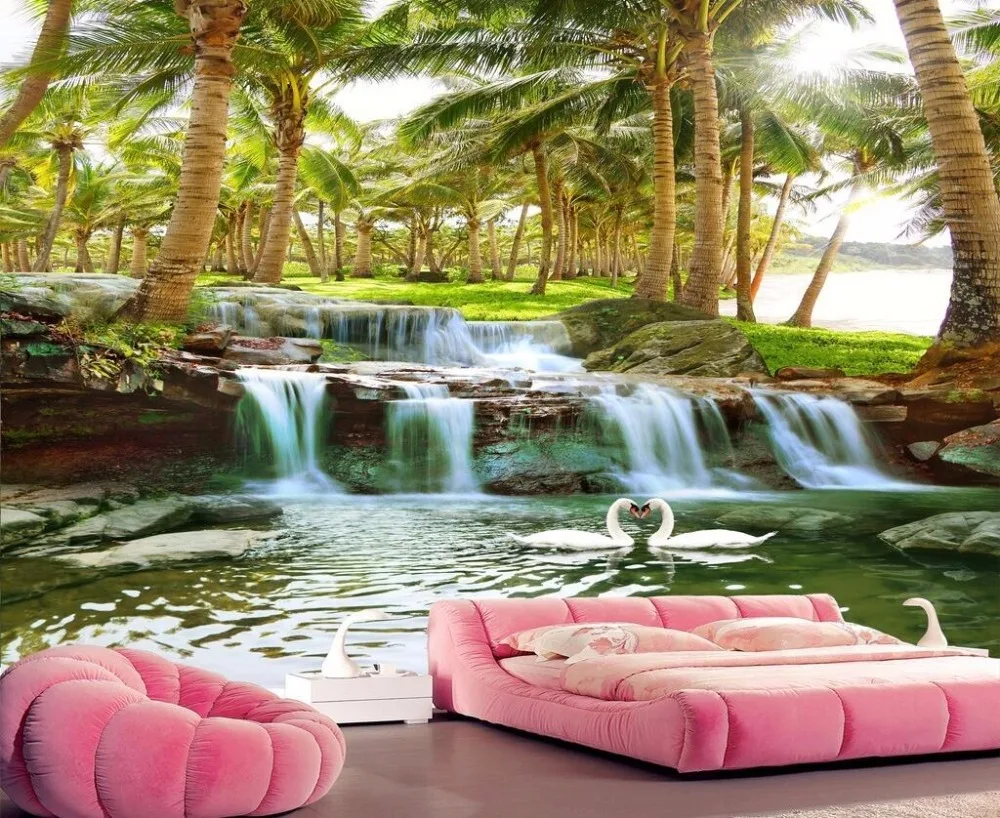 

Custom wallpaper Hainan Island Coconut Forest Waterfall Waterfall HD Landscape TV Sofa Background Wall 3d wallpaper