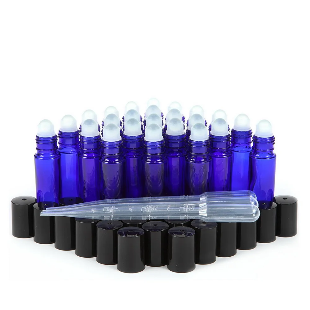 24pcs 10ml Glass Roller Bottles Empty Cobalt Blue with Stainless Steel Metal Roll On Ball for Essential Oils Lip Gloss Perfume