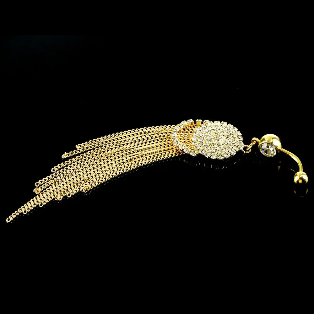 1pc Trendy Long Tassel Belly Button Ring with Rhinestone Charm Surgical Steel Navel Piercing Dangle Belly Piercing Body Jewelry