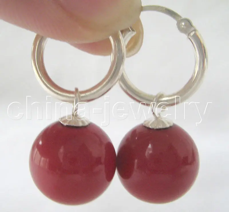 E3349-16mm natural red coral color south sea shell pearl earring-925 silver hoop