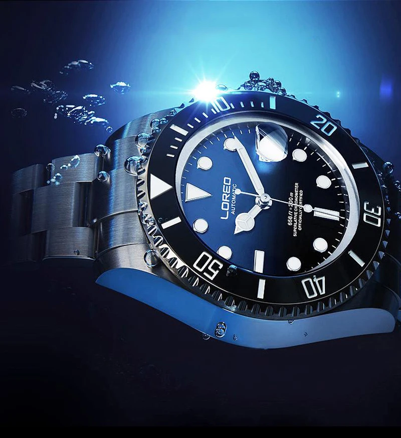 LOREO Sapphire Automatic Mechanical Watch Men Silver Stainless Steel Waterproof Blue Dial Watch Relogio Masculine