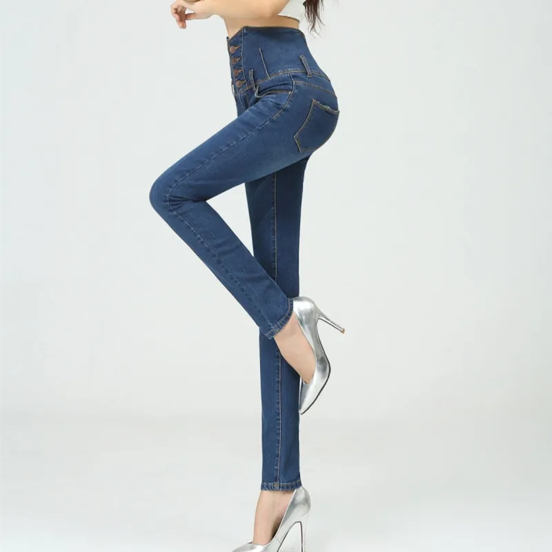 Fashion Quality High Waist Skinny Jeans Women Single Breasted High Elastic Slim Denim Pencil Pants Women Plus Size 26-34