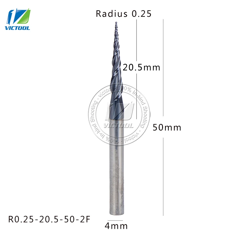 2pcs/lot R0.25*D4*20.5*50L*2F Tungsten solid carbide Coated Taper Ball Nose End Mills,taper and cone Bit wood