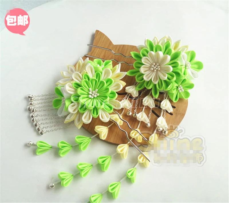 

Hand Made Hairpin Cotton Cloth Hair Clip Barrettes Japanese Style Anime Cosplay Custom Made Headdress Green Kimono Fan