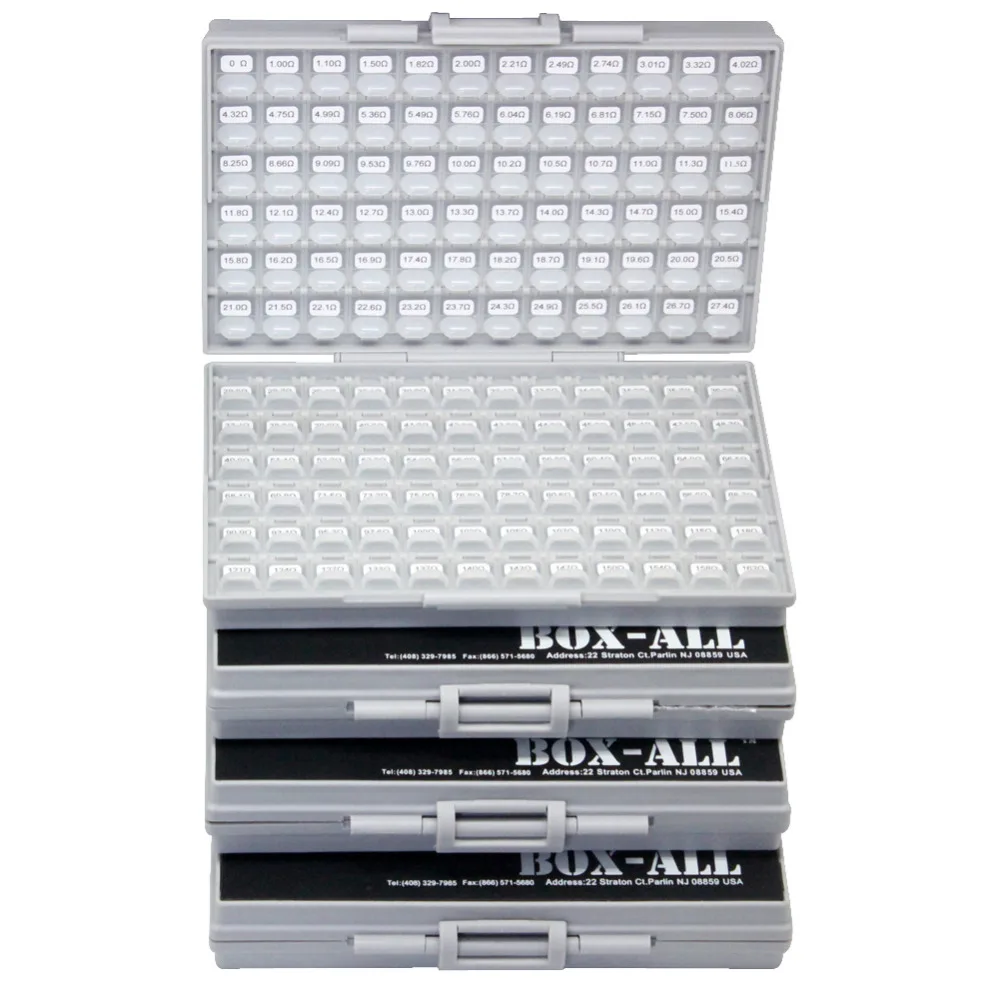 AideTek Surface Mount 0603 smd led1% E96 Resistor Kit 492 x100pc ROHS Distributed In 4 BOX-ALL labels plastic part box R06E96100