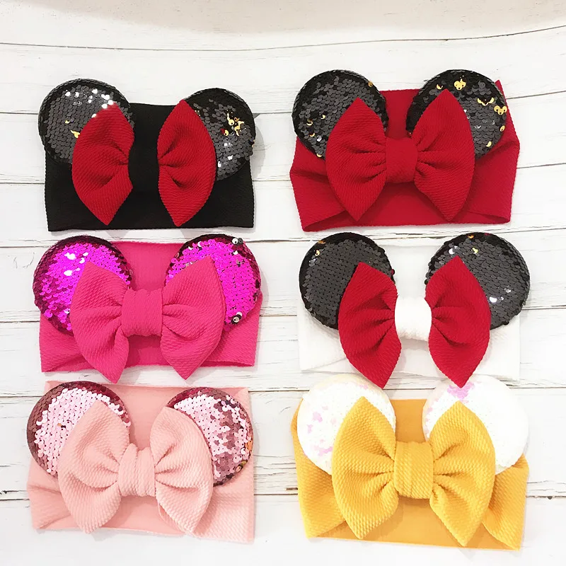 Baby Headband Girls Mouse Ear Headbands Newborn Big Bows Turban Toddler Sequin Headwrap Kids Wide Hairband Hair Accessories