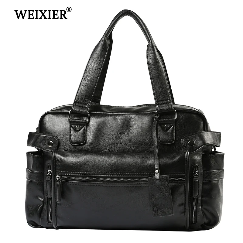 WEIXIER Tas Travel Pria Kapasitas Besar Kulit PU Fashion Merek Baru Pria Tas Fashion Bahu Pria Kasual Multifungsi