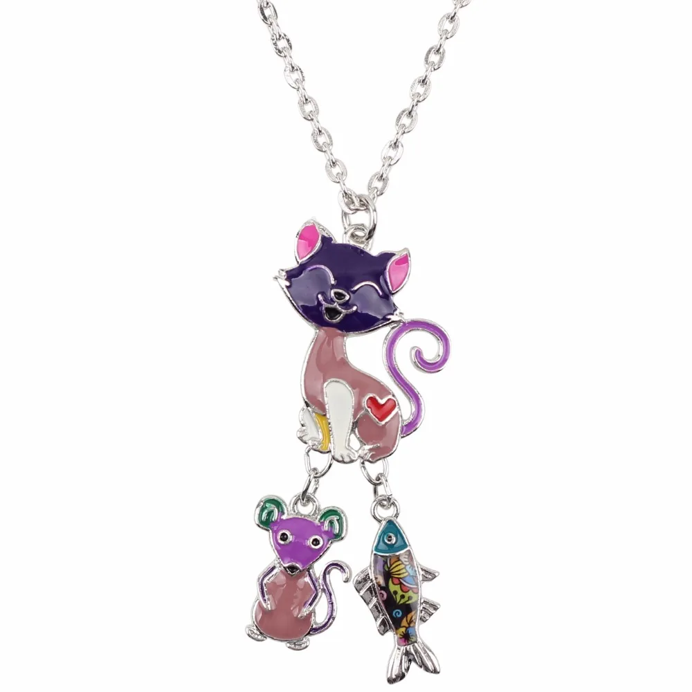 Bonsny Statement Chain Enamel CAT Mouse Fish Cartoon Necklace Pendant Fairy Tale Fashion Jewelry For Women Girl Kids Gift Charms
