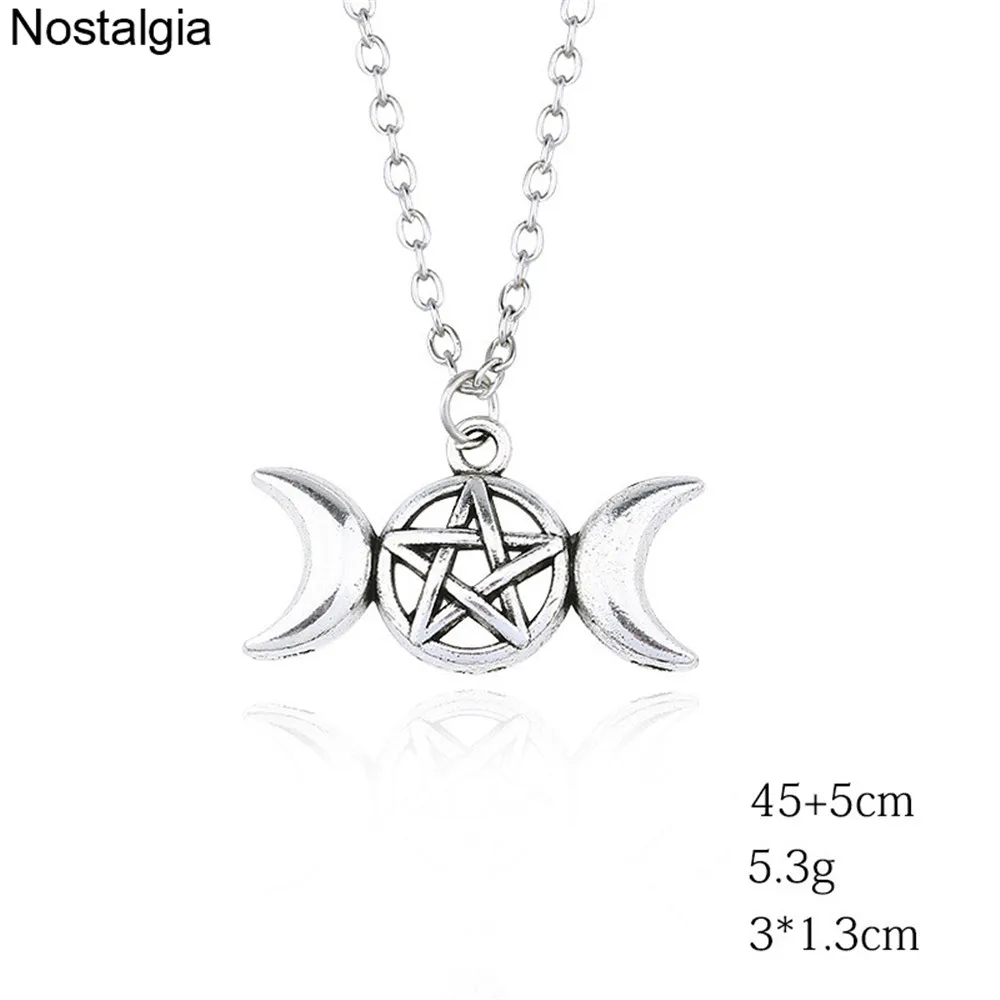 Nostalgia Wiccan Triple Moon Goddess Pendant Necklace Men Women Wicca Pagan Pentagram Pentacle Witch Jewelry