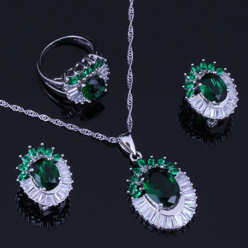 Glowing Flower Green Cubic Zirconia White CZ Silver Plated Jewelry Sets Earrings Pendant Chain Ring V1004