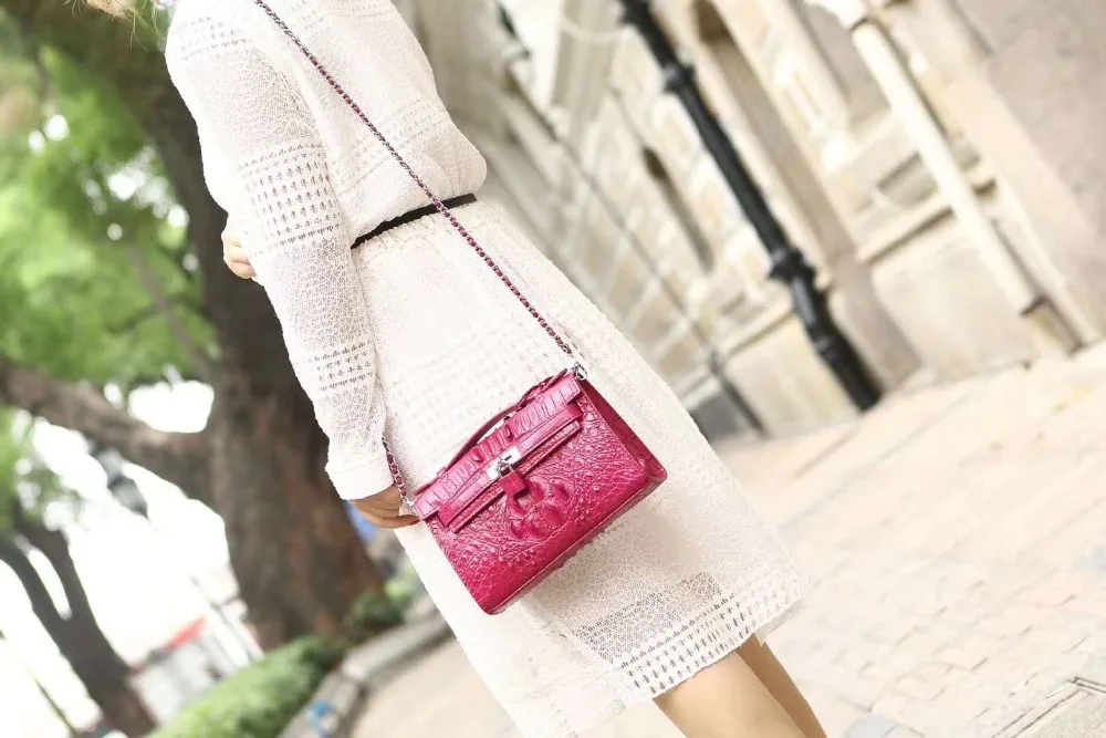 Hot selling luxury quality 100% real genuine crocodile skin women chain shouder bag green color crocodile head skin lady bag