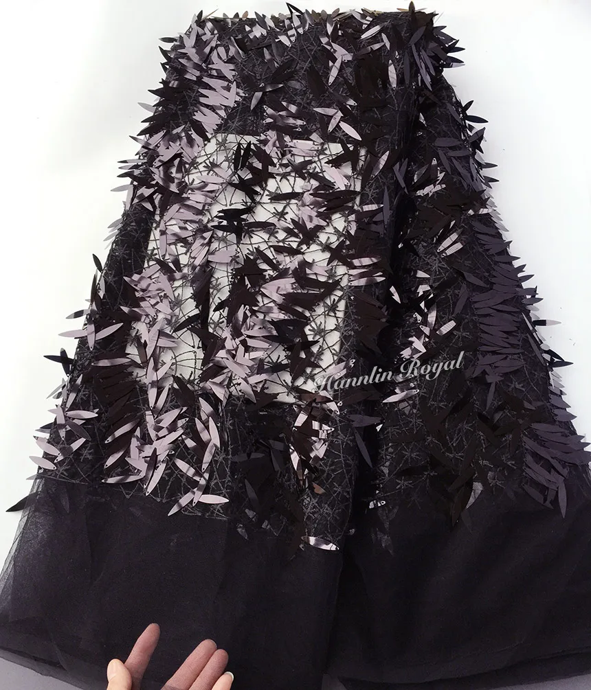 Pure black glittering tulle lace African french lace fabric 5 yards per piece with allover long sequins hot sale