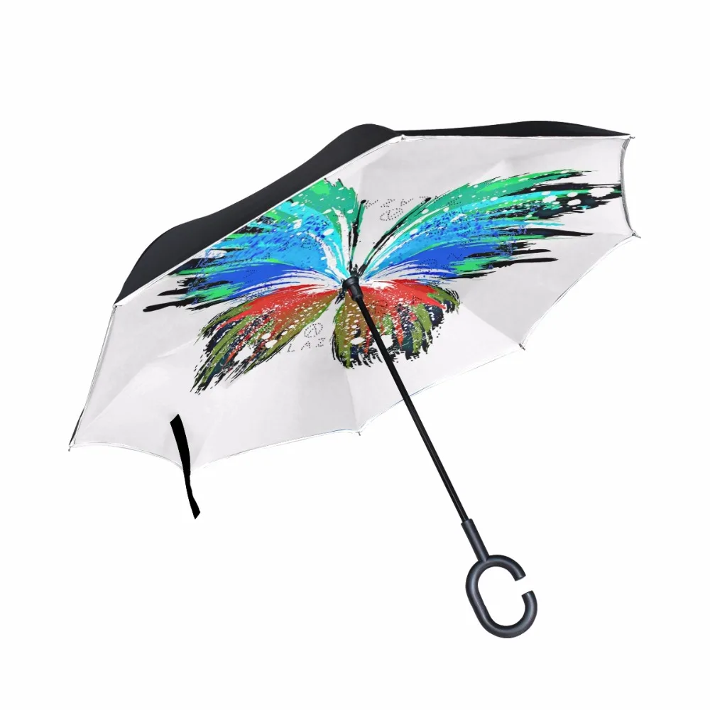 Reverse Umbrella With Butterfly Creatively Customized As Seen On TV Rain & Wind Protection Long Handle Double Layers Umbrella