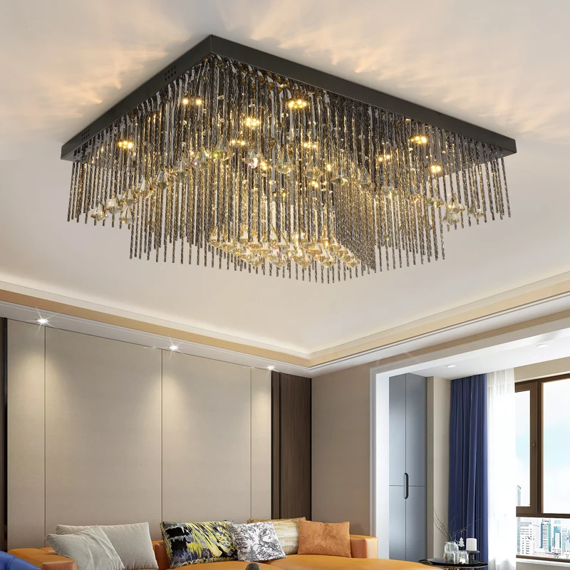 Rectangle Crystal Ceiling Lights Stainless Steel Ceiling Lamp Living Room Bedroom Lustre Three-color dimmable Light Plafon Avize