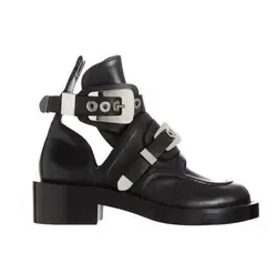 Famous Brand Cut Out Buckle Women Top Leather Motorcycle Boots Cool Gladiator Bootie Silver Gold Black Buckle Strap Ridding Boot