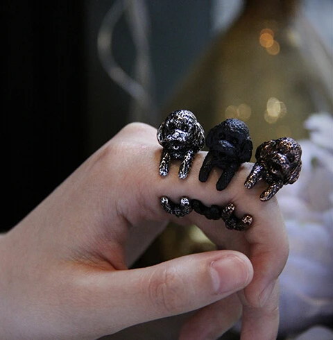 Kinitial 1PCS Antique Bronze Black Detailed Toy Poodle Shaped Animal Ring Tiny Dog Rings for Puppy Lover Gift anillos mujer