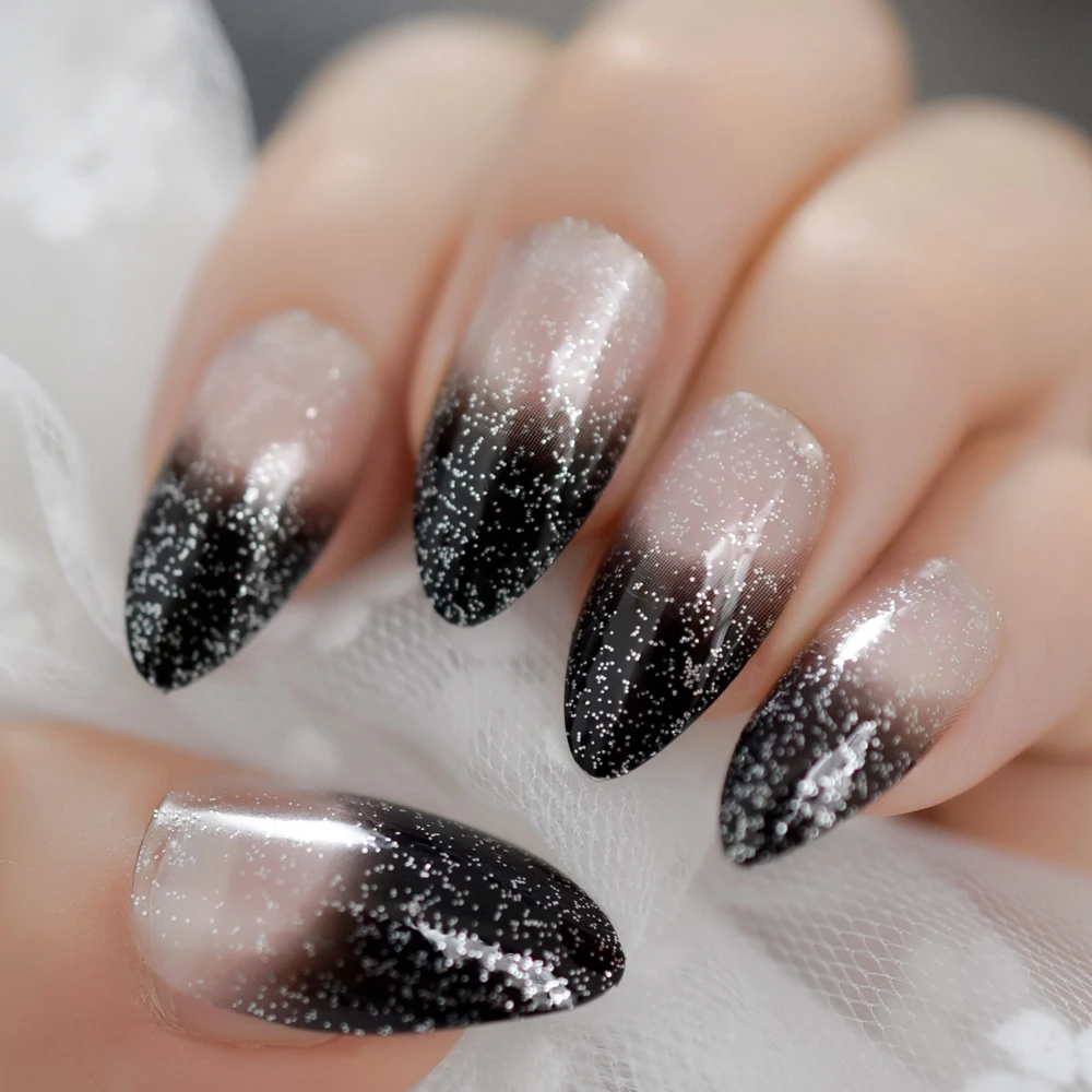 Gradient Clear สีดำภาษาฝรั่งเศสคำกดบนเล็บปลอมเคล็ดลับ Stiletto สวมใส่ Bling Silver Glitter รูปไข่ Sharp DIY ออกแบบเล็บ