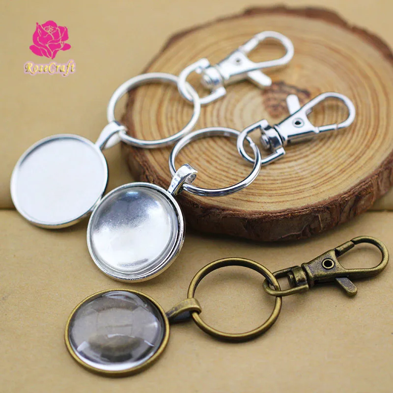 

10pcs/lot 25mm Blank Keychain Setting Pendant Base Tray+25mm Key Ring+Round Clear Glass Cabochon+Lobster Clasps