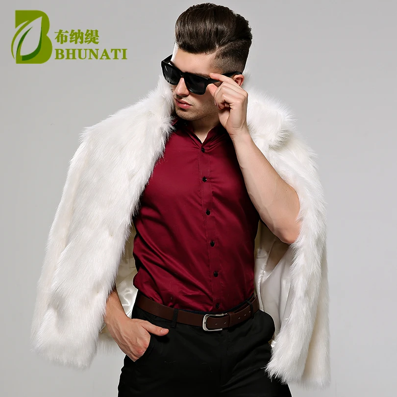 BHUNATI Mens Fur Coat White Stand Collar Long Sleeve Winter Men Fur Coat Winter Faux Fur Solid Loose Fox Fur Jacket Men Casual