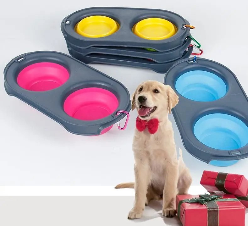 Collapsible Feeding Pet Food Bowls Silicone 4 Colors Cat Double Feeder Bowl Travel Eco Friendly Cat Foldable Dog Supplies SN1193