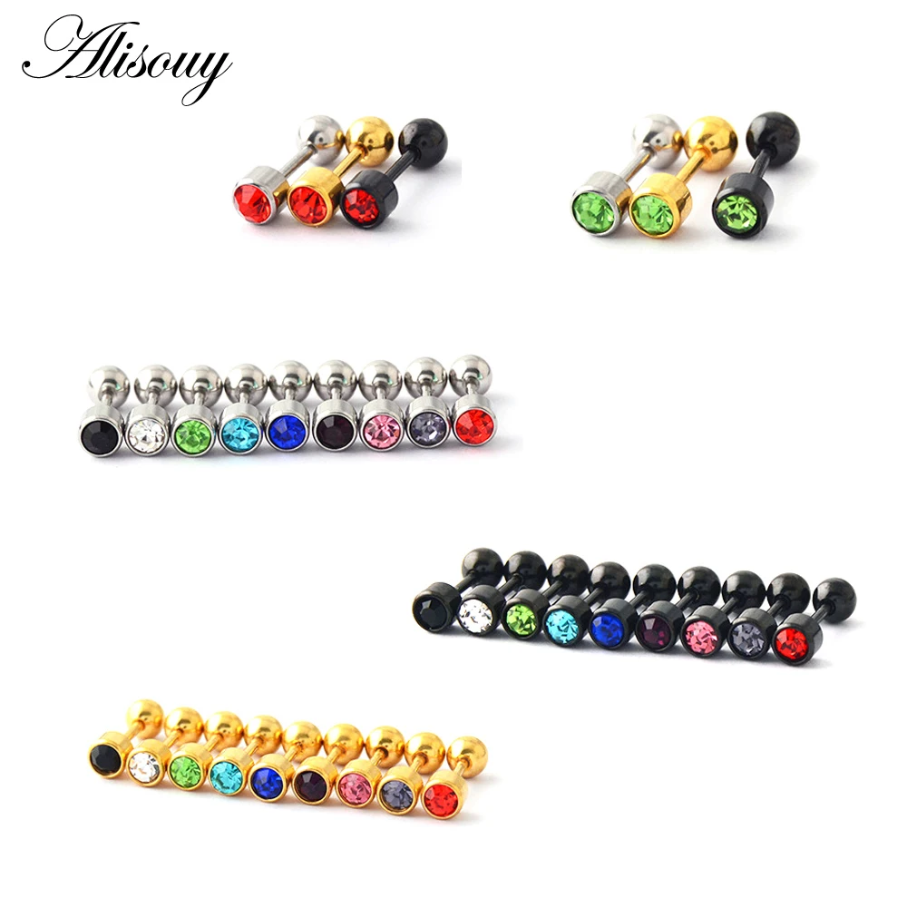 Alisouy 2pc 316l Surgical Steel Crystal  Assorted Colors Ear Stud Piercing Simple Style Screw-Back Earring Sexy Girls Jewelry