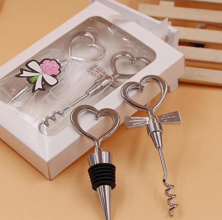 Free shipping Wine Bottle opener 200pcs=100sets Heart Shaped Great Combination Corkscrew and Stopper Sets Wedding Favors SN077