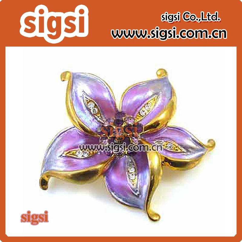 

100pcs gold plated purple enamel flower rhinestone brooch pin for wedding invitation