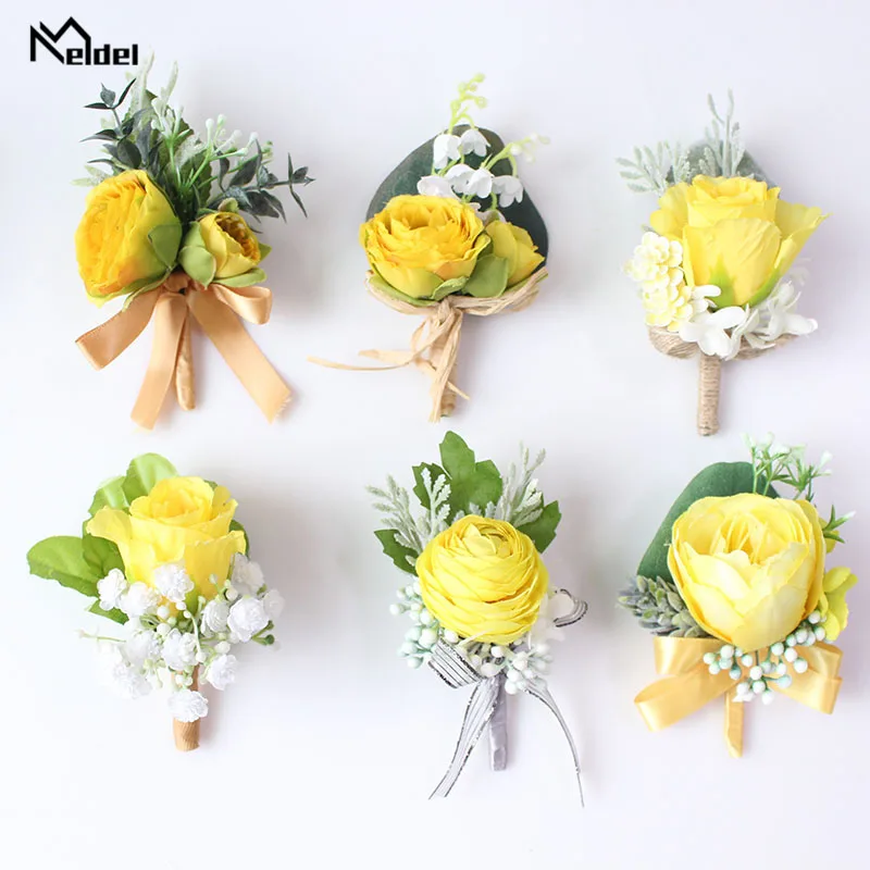 Meldel Boutonniere 신랑 Corsage 신부 손목 Corsage 팔찌 노란색 인공 실크 은방울꽃, 웨딩 용품