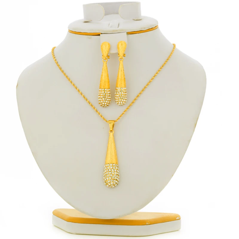 Dubai Fashion Jewelry Sets For Women crystal Water Drop Necklace Pendant Earrings African Statement Bridal Wedding Party Gift