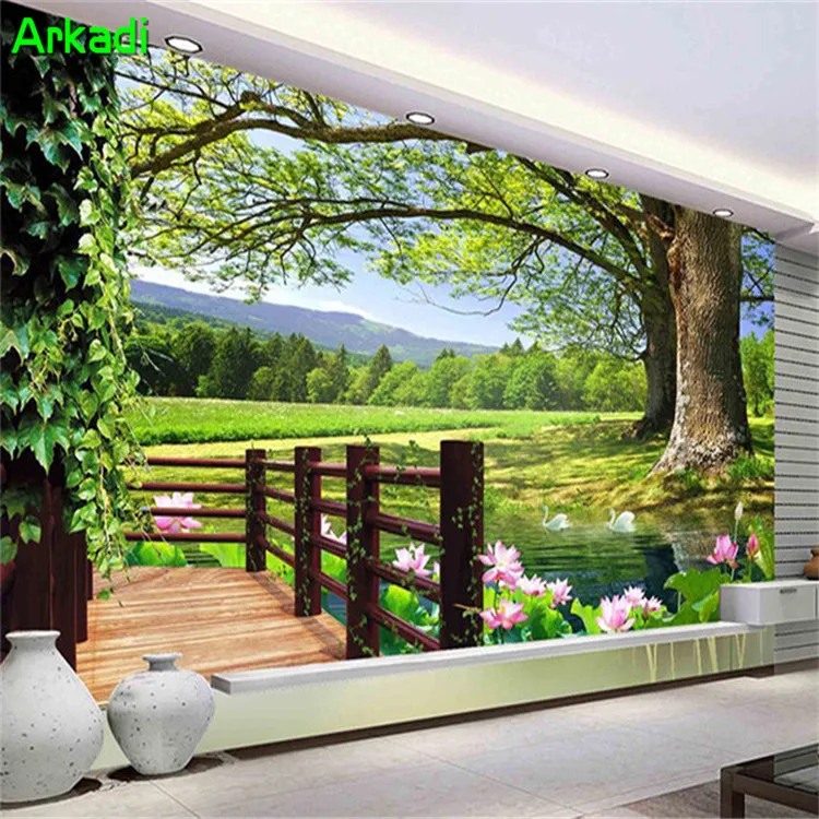 

Restaurant background wallpaper nature 3d garden landscape modern chinese rural big tree lotus TV sofa living room sofa mural