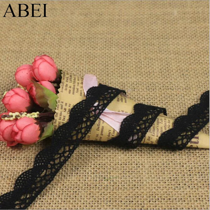 20yards 1.8cm Cotton Beige Lace Ribbon Trims Embroidered Black Cotton Fabric DIY Wedding Scrapbooking Crafts Garments Accessory