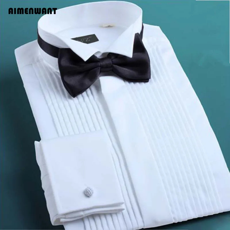 AIMENWANT 2024 Tuxedo Shirts Mens Korea Slim Fit Bow Tie Wedding Shirt White Business French-cuffed Shirt Dress Shirts