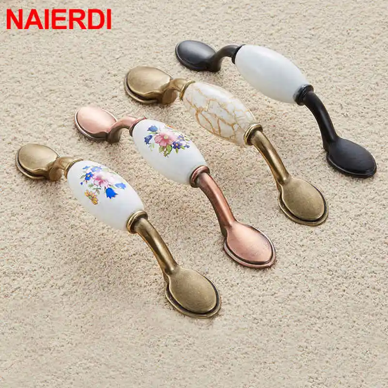 NAIERDI Antique Bronze Ceramic Cabinet Handles Zinc Alloy Drawer Knobs Wardrobe Door Handles Morning Glory European Handle