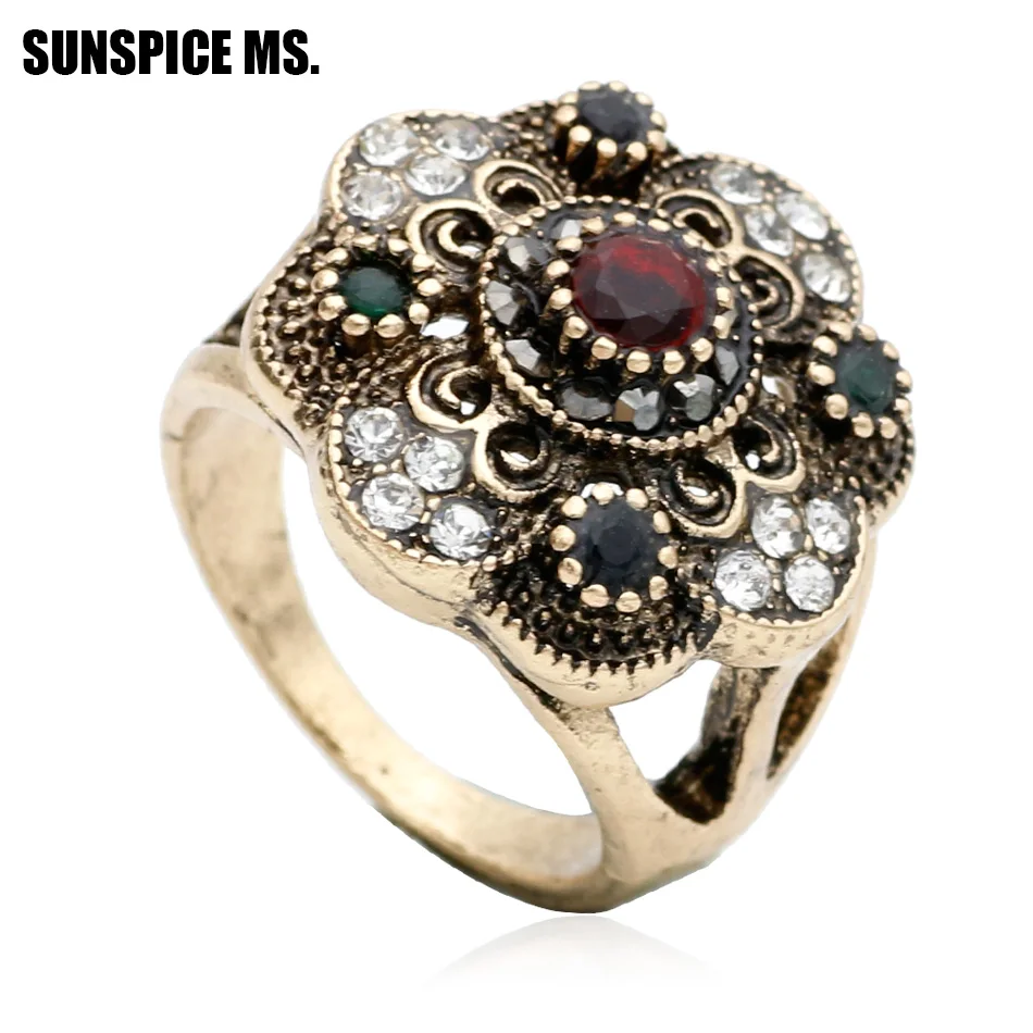 Fashion Turkish Women Round Flower Vintage Rings Antique Gold Color Hollow Resin Jewelry Indian Bridal Wedding Ethnic Bijoux