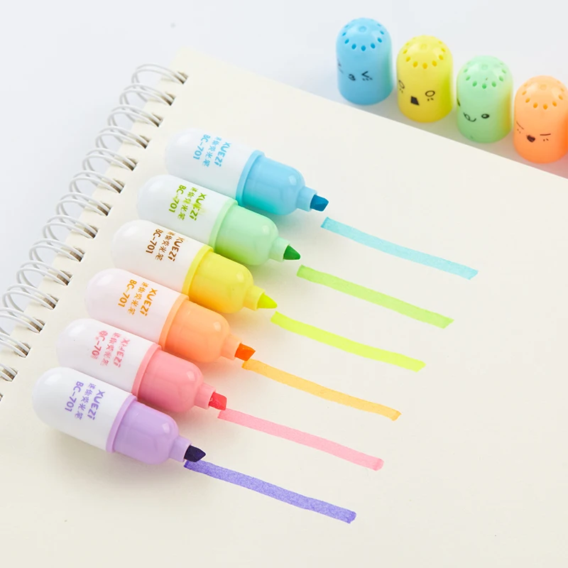 6pcs Capsules Highlighter Vitamin Pill Highlight Marker Color Pens Drawing Spot Liner Stationery Office School Supplies A6869