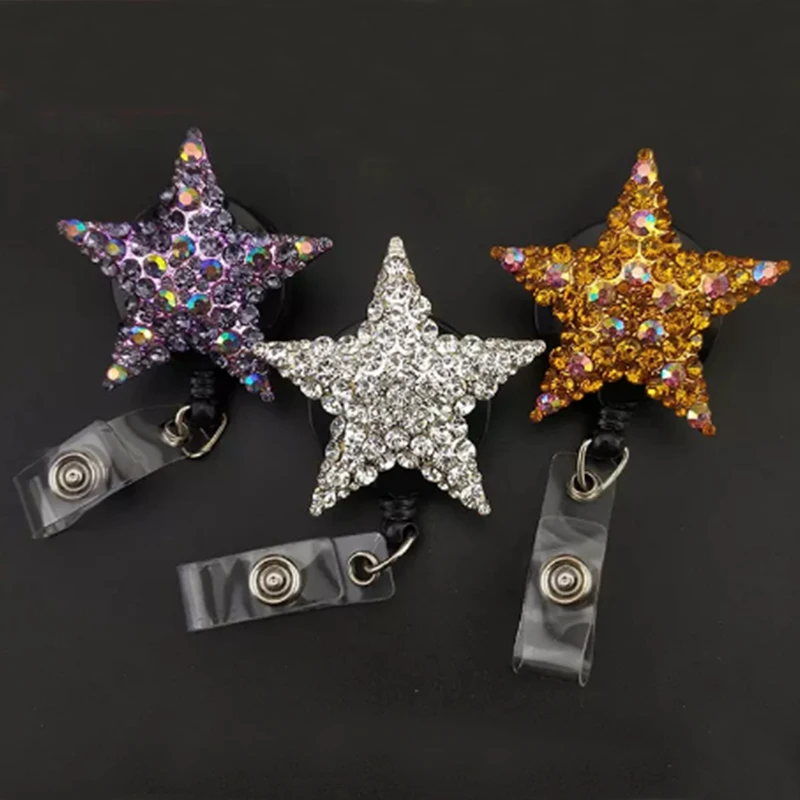 

50pcs/lot 3 Colors Fashion sparkly Rhinestone Star Metal Brooch Retractable ID Badge Holder Yoyo Pull Reel ID Name Card