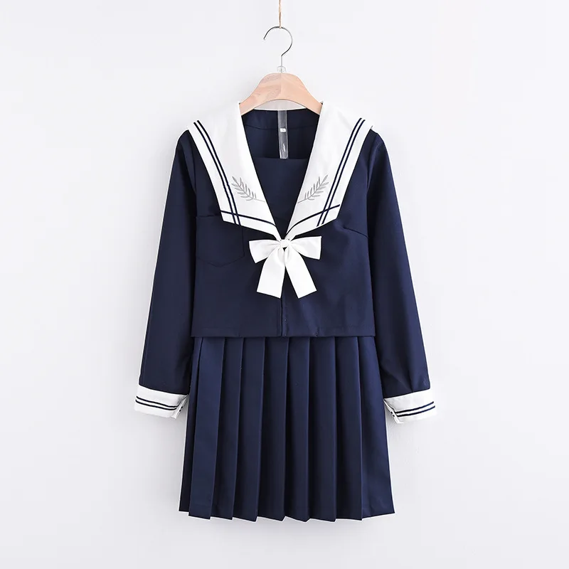 Navy blue Anime Sailor Suit Cosplay Costumes JK Uniform School Shirt Skirt Bow Suit Short /Long Sleeves Full Set For Women Girls