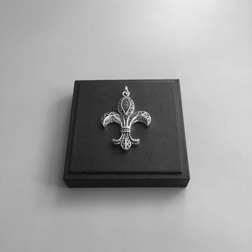Pendant Fleur-de-lis Lily CZ Black Zirconia 925 Sterling Silver Fine Jewelry Fit Necklace Vintage Badge Gift For Men Woman