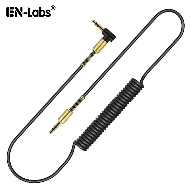 En-Labs Coiled 90 Degree 3.5mm Male to Male Stereo Audio Cable for Car Aux Port,Gold Plated (4.5 FT Stretched Length) - Black