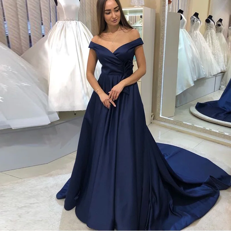 Dark Navy Elegant Prom Dresses Off The Shoulder A-line Special Occasion Prom Gowns 2019 Women Formal Party Gowns Chapel Train