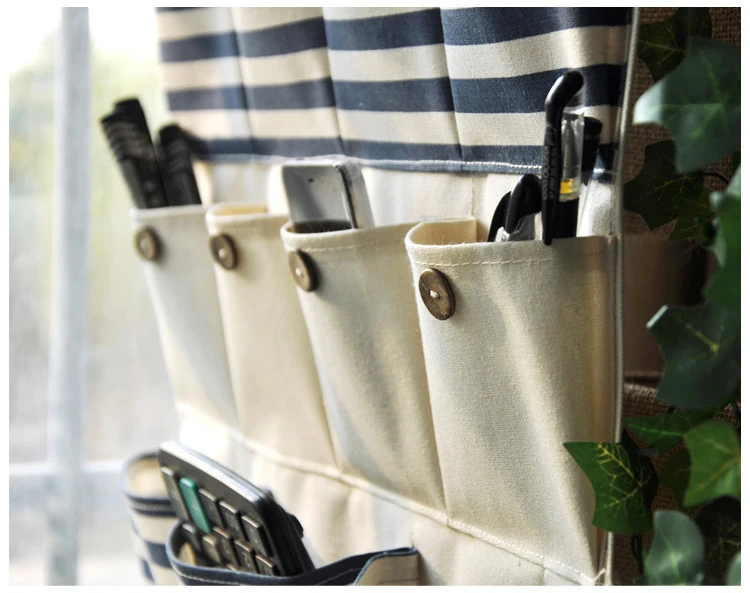 Cotton Linen 12 Pockets Closet Door Home Wall Hanging Organizer Storage Stuff Bags Pouch Navy Blue stripe style