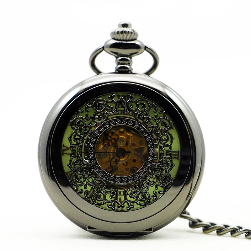 Reloj de bolsillo mecánico con relieve de malla negra para hombres y mujeres, reloj con colgante de collar, estilo Retro Steampunk, Caballero