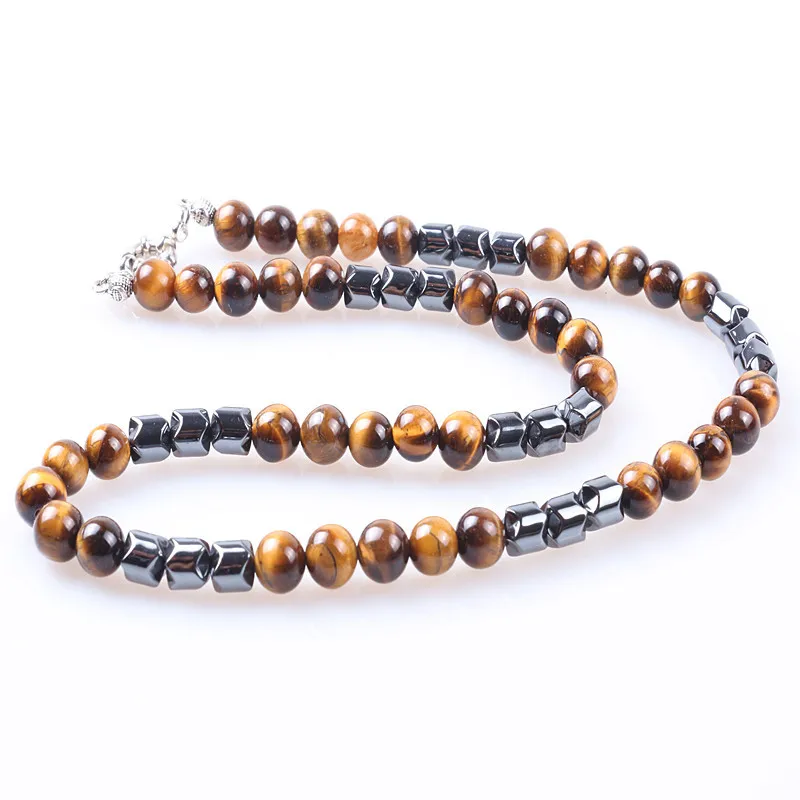 8mm Natural Tiger Stone Bead Black Men's Hematite Chain Fashion Necklace