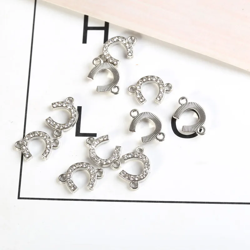 Trendy Silver Color Alloy Rhinestone Horseshoe shaped Pendant Connectories For Making Jewelry DIY 20pcs Wholesale