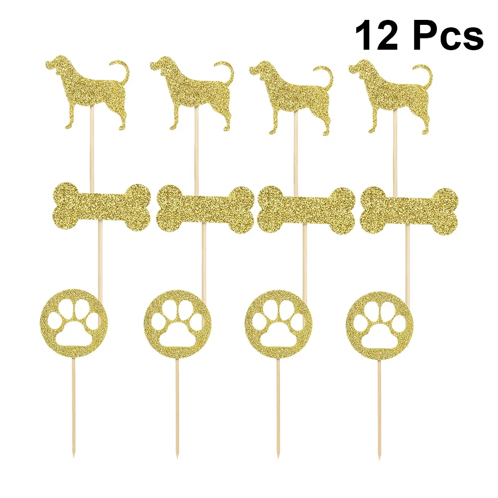 12pcs Shining Dog Cake Topper Bone Footprint Birthday Cakeate Insert Card Birthday Cakeateating Cupcake Toppers Kids Birthday