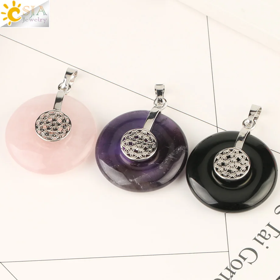 CSJA Natural Stone Flower of Life Pendants Necklaces Crystal Healing Energy Balance Bead Geometric Symbol Women Men Jewelry G140