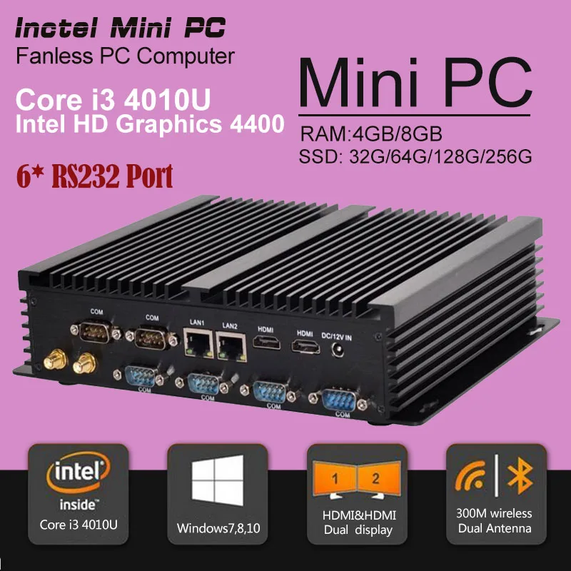 Partaker I4 PC Mini Industri Tanpa Kipas dengan 6 COM 2 HDMI 2 Lan Warna Hitam Prosesor Intel Core I5 4200U I7 4500U Komputer Mini