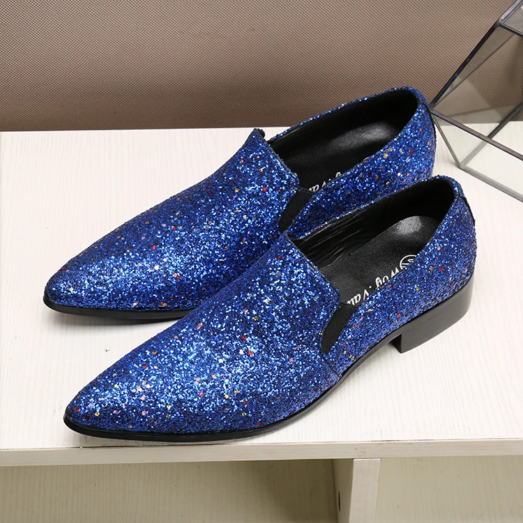 

Luxury mens glitter dress wedding shoes hidden heel shoes for men velvet slippers pointed toe genuine leather shoe lasts flats