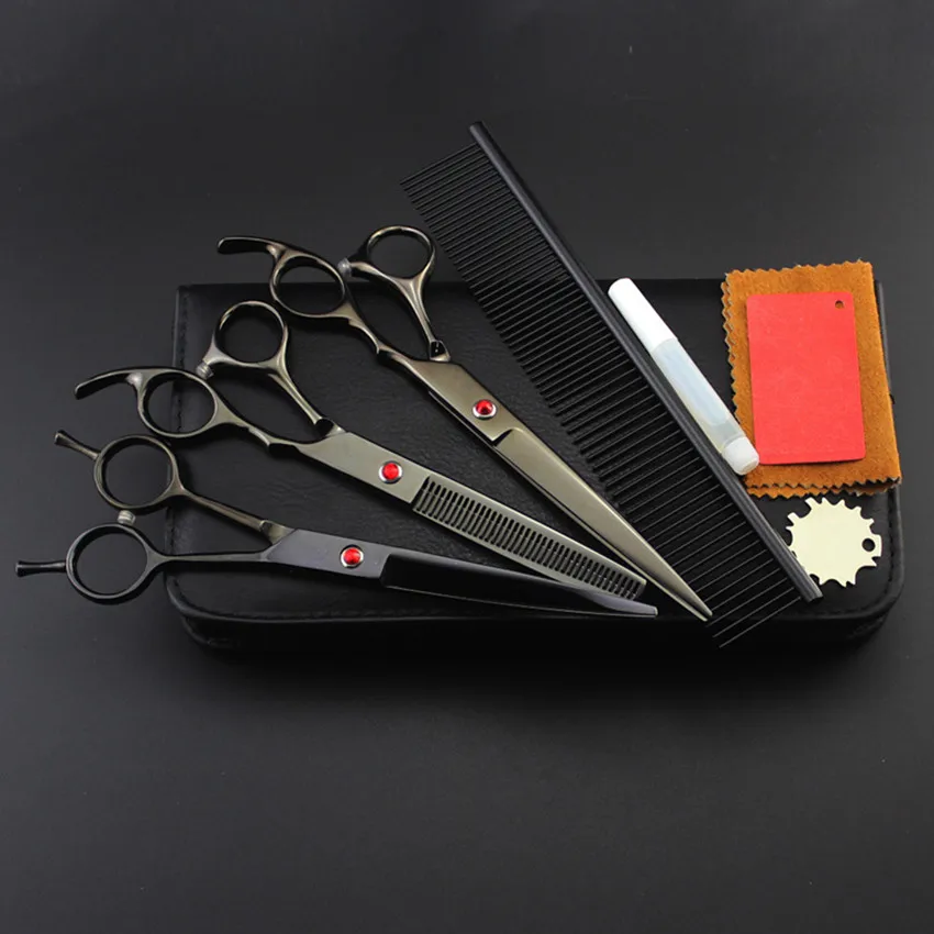 

4 kit 7'' black pet grooming cut hair cutting scissors dog sissors thinning barber haircutting shears case hairdressing scissors