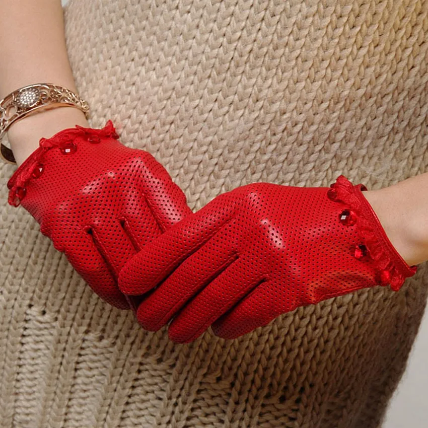 Top Fashion Women Gloves Wrist Lace Beaded Comfortable Perforated Genuine Leather Solid Goatskin Glove Free Shipping L006N